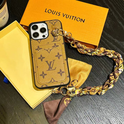 L.V Single Back Card Slot With Gold Chain Lanyard