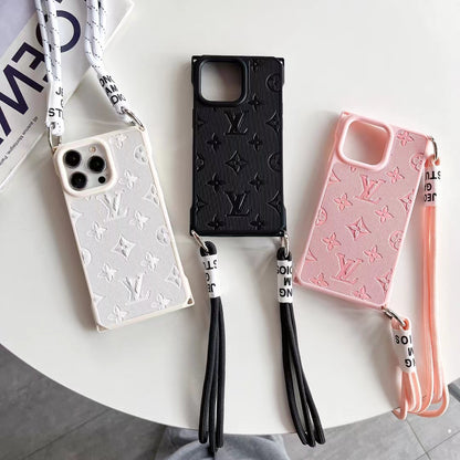 L.V Plain Pattern Cute iPhone Cases With Lanyard