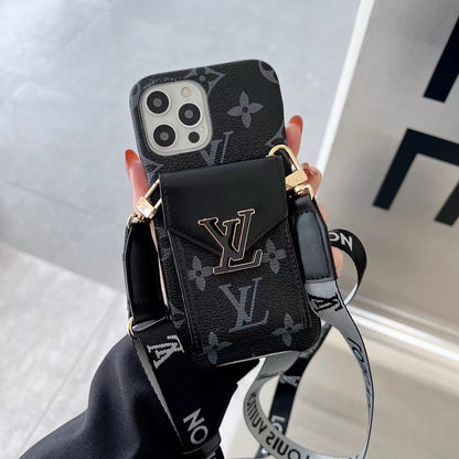 L.V 3D Logo Back Card Slot iPhone Case With Lanyard